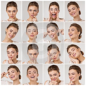 Collage of beautiful woman with different facial expressions