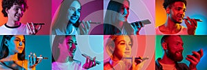 Collage of beautiful young people recording voice message on phone isolated over multicolored background.