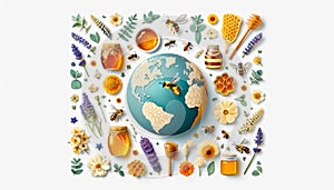 Collage with Bees, jar honey and honeycombs adorning a stylized Earth, symbolizing global biodiversity and the essential role of