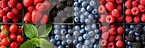 Collage of berries products divided with white vertical lines 7 segments, bright white light