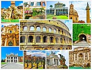 The collage from best views of Rome, Italy