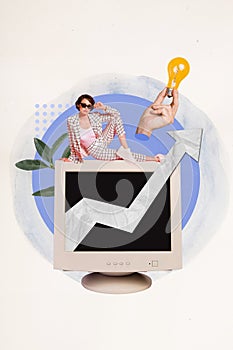 Collage billboard of cool young business lady lying old computer display showing graphic her project growing isolated on