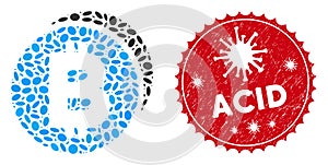 Collage Bitcoin Coins Icon with Coronavirus Distress Acid Seal