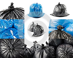 Collage of black and blue garbage bags