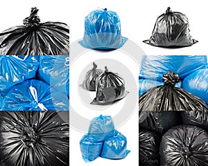 Collage of black and blue garbage bags