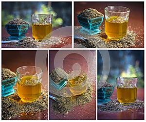Collage of Black cumin seeds,shah jerra,Nigella sativa and its tea on brown wooden surface.;