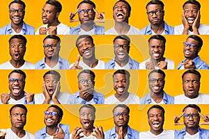 Collage Of Black Millennial Man`s Different Expressions Over Yellow Background