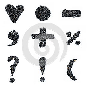 Collage of black sunflower seeds forming symbols