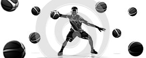 Collage. Black and white. African man, professional basketball player dribbling ball over white background with many