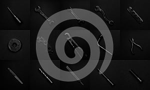 Collage of black & white repair tools and elements isolated on b