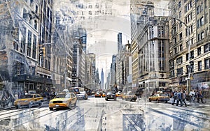 A collage blending photography and graphic elements, showcasing a bustling cityscap