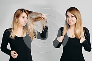 Collage of blonde with hair after and before beauty salon.