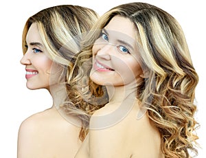 Collage of blonde woman with wavy hair.