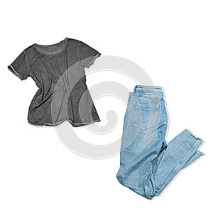 Collage blue jeans and gray shirt isolated on white background, unisex fashion look on white