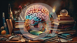 Collage with books, cogs, light bulb brain. Learning, Education concept.