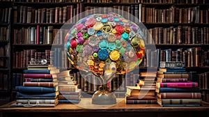 Collage with books, cogs, light bulb brain. Learning, Education concept.