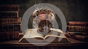 Collage with books, cogs, light bulb brain. Learning, Education concept.