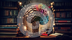 Collage with books, cogs, light bulb brain. Learning, Education concept.