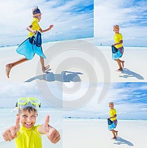 Collage of Boy having fun on tropical ocean beach. Kid during family sea vacation.