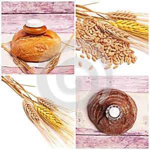 Collage with Bread with salt is a traditional symbol of hospitality. Loaf of round bread with salt shaker,wheat ears