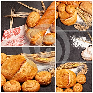 Collage with bread,sweet bun,wheat ears,grains on a black background, top view