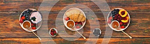 Collage of breakfast meals on wooden background, top view