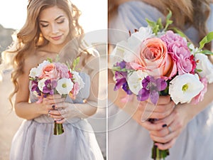 Collage-Bride with a bouquet of flowers in a wedding dress near the sea