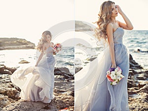 Collage-Bride with a bouquet of flowers in a wedding dress near the sea