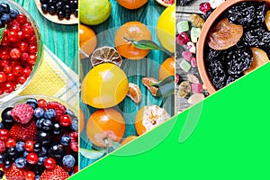 Collage of bright pictures of berries, citrus fruits and dried fruits. Natural products rich in vitamins and minerals