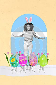 Collage brochure colored paschal eggs walk legs outdoors tulips garden surprised girl bunny ears happy easter isolated