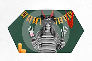 Collage brochure image of funky cruel girl wear masque play halloween game showing creepy hands isolated on drawing