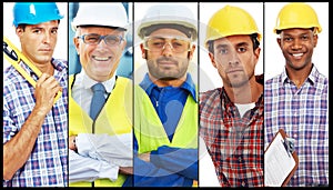 Collage, building contractor and portrait for construction, industrial engineering and architecture. Workers or labor