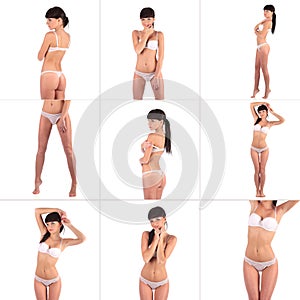 Collage of burlesque dancer woman stripper showgirl in studio isolated