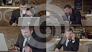 Collage business man in a suit, jacket, shirt. He sits in an atmospheric cafe with a laptop, drinks coffee, adjusts his