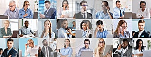 Collage of business people portraits showing different emotions, using various gadgets
