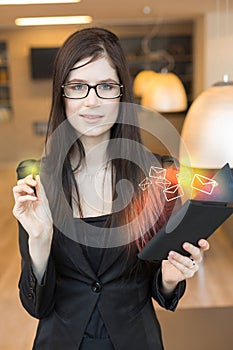 Collage with business woman in glasses standing photo