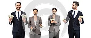 Collage of businessman holding dollar banknotes near businesswoman with duct tape on mouth isolated on white