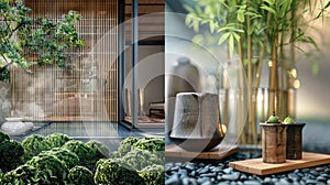 a collage capturing the beauty and versatility of sustainable design elements, featuring eco-friendly materials such as