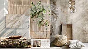 a collage capturing the beauty and versatility of sustainable design elements, featuring eco-friendly materials such as