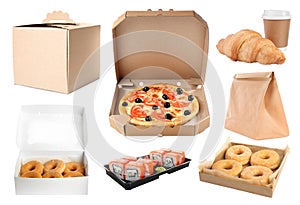 Collage of cardboard and plastic containers with food on white background. Online delivery
