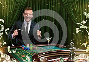 Collage of casino images with man play poker roulette at the table. Young man in suit playing in the casino. Gambling.