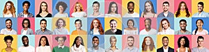 Collage Of Cheerful Mixed Millennials Portraits On Colorful Backgrounds, Panorama