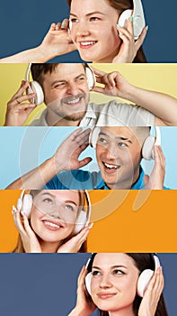 Collage of cheerfull men and women in headphones isolated over multicolored background. Music lifestyle