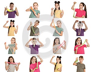 Collage of children with slimes on white background