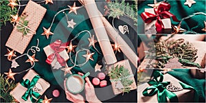 Collage of Christmas composition with gifts, garland lights and decorations