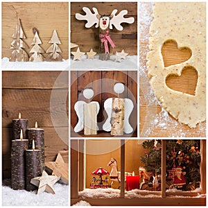 Collage of Christmas photos and decorations on warm brown background.