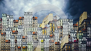 Collage with city buildings against a background of sky