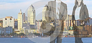 Collage with City Skyline and Two Businesspeople