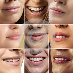 Collage of close-up female lips with nude makeup. Concept of natural beauty, cosmetics, anti age treatment, wellness