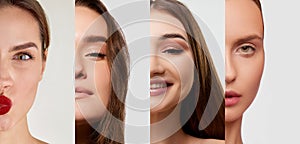 Collage. Close-up half-faced images of young beautiful brunette girls with well-kept healthy skin looking at camera